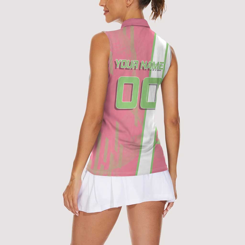 Personalized Mitsuri Kanroji Demon Slayer Badminton Women Sleeveless Polo Shirt with Racket Action Pose and Pink Green Graphic Design - The Mazicc