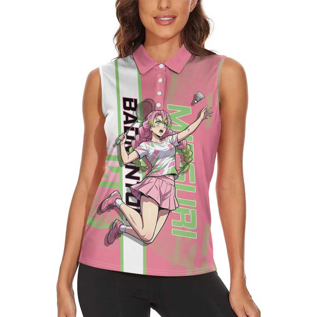 Personalized Mitsuri Kanroji Demon Slayer Badminton Women Sleeveless Polo Shirt with Racket Action Pose and Pink Green Graphic Design - The Mazicc