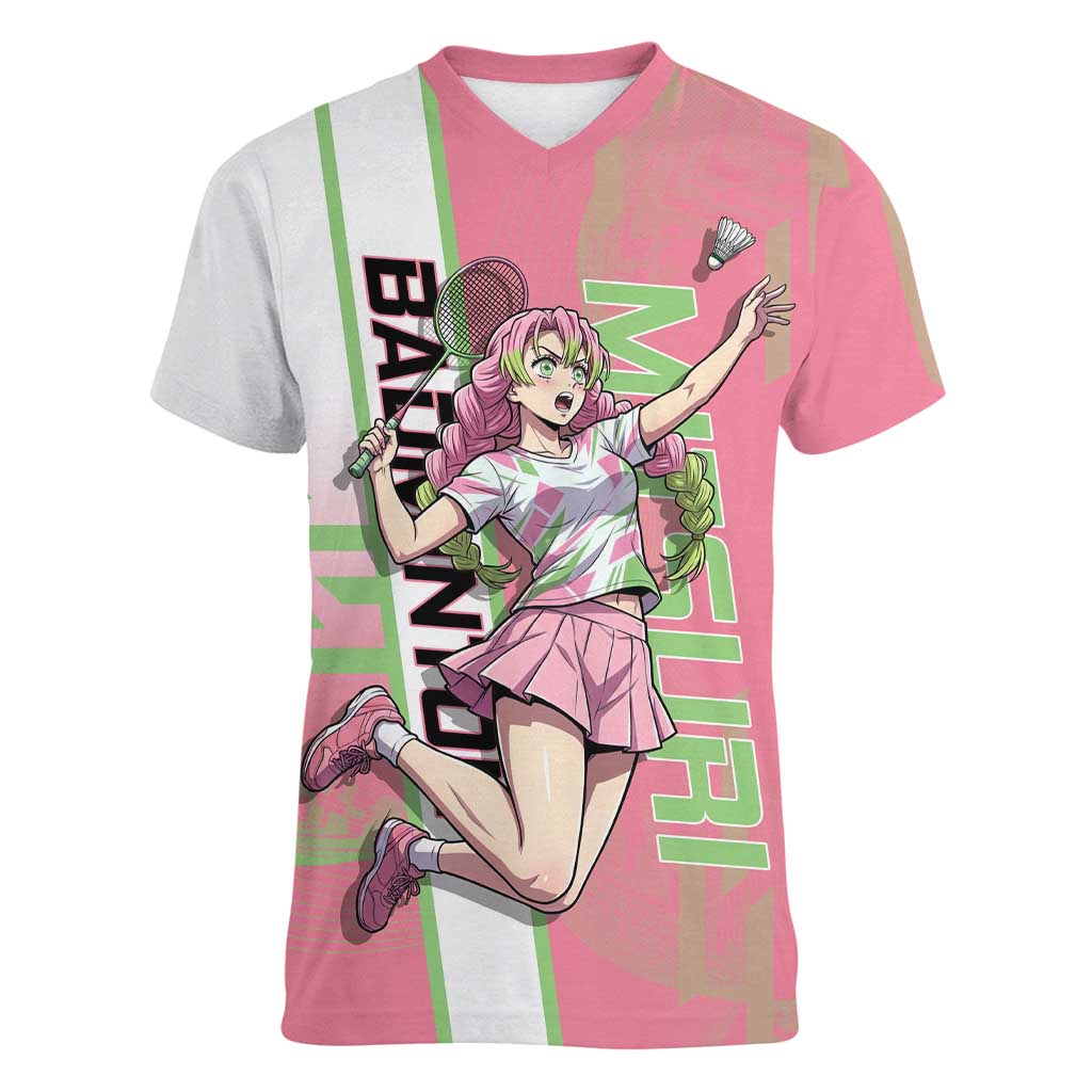 Personalized Mitsuri Kanroji Demon Slayer Badminton Women V-Neck T-Shirt with Racket Action Pose and Pink Green Graphic Design - The Mazicc