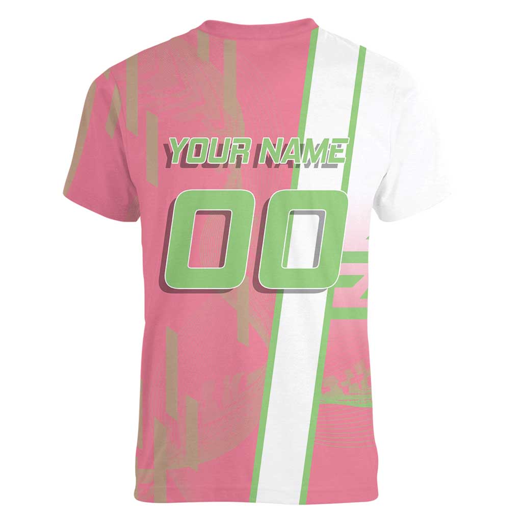 Personalized Mitsuri Kanroji Demon Slayer Badminton Women V-Neck T-Shirt with Racket Action Pose and Pink Green Graphic Design - The Mazicc