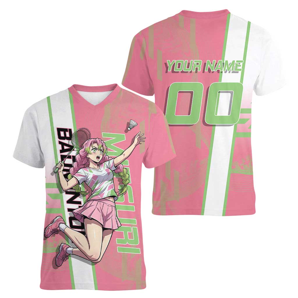 Personalized Mitsuri Kanroji Demon Slayer Badminton Women V-Neck T-Shirt with Racket Action Pose and Pink Green Graphic Design - The Mazicc