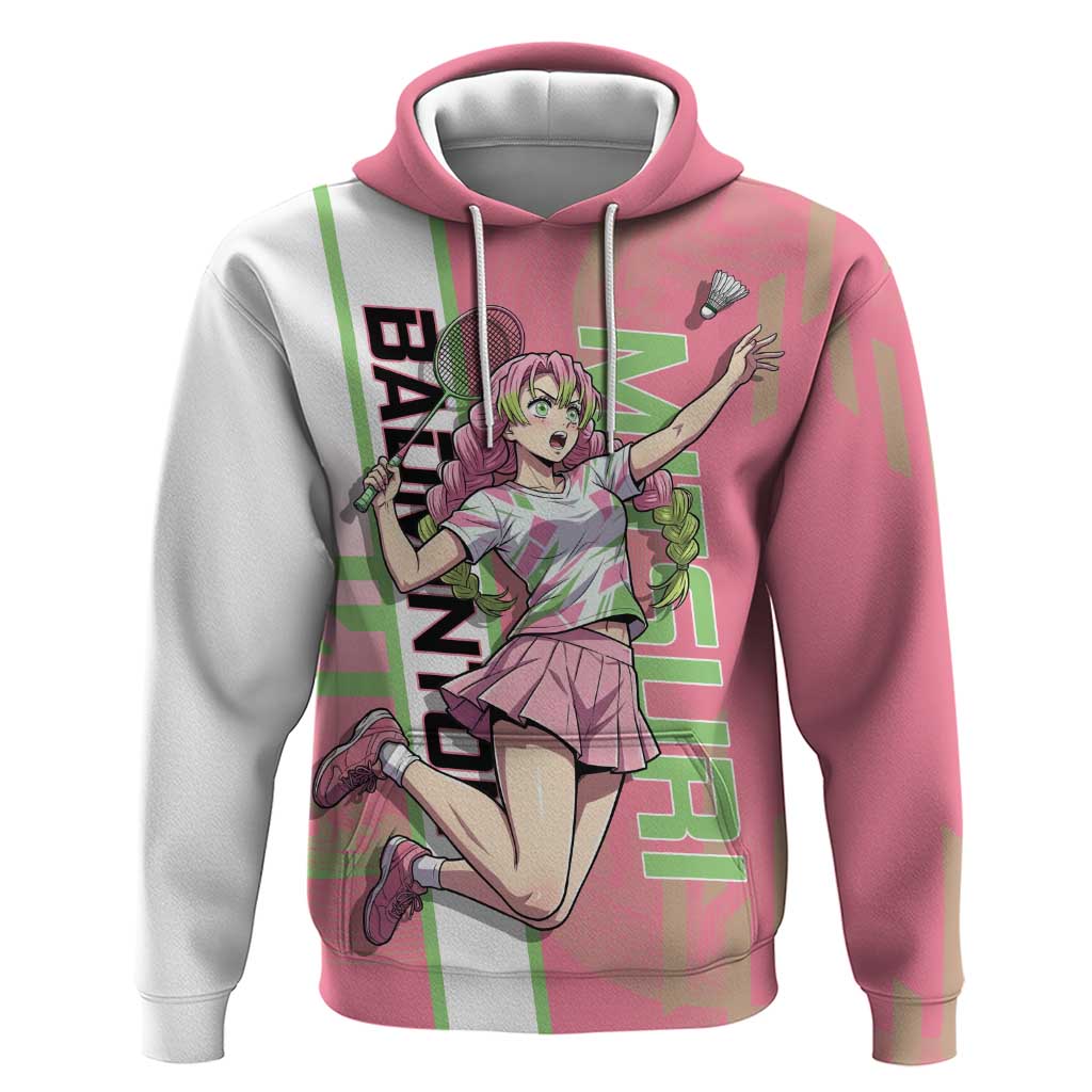Personalized Mitsuri Kanroji Demon Slayer Badminton Zip Hoodie with Racket Action Pose and Pink Green Graphic Design - The Mazicc