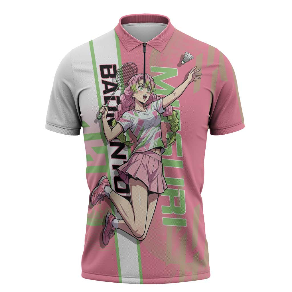 Personalized Mitsuri Kanroji Demon Slayer Badminton Zipper Polo Shirt with Racket Action Pose and Pink Green Graphic Design - The Mazicc