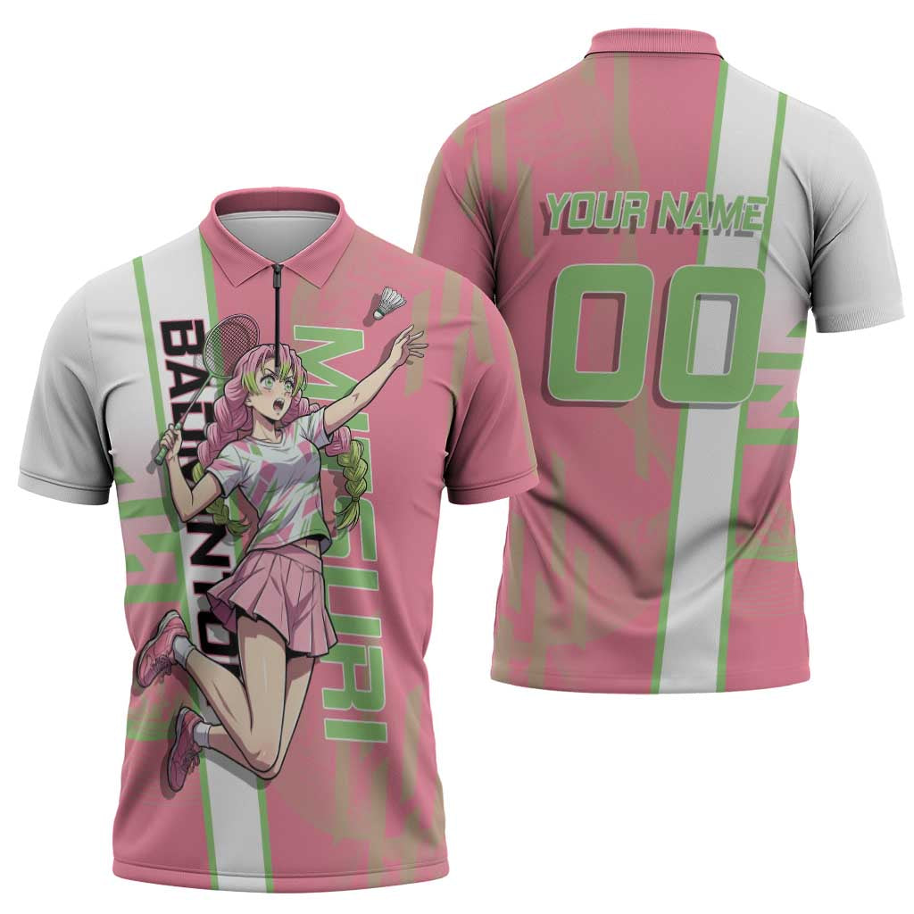 Personalized Mitsuri Kanroji Demon Slayer Badminton Zipper Polo Shirt with Racket Action Pose and Pink Green Graphic Design - The Mazicc