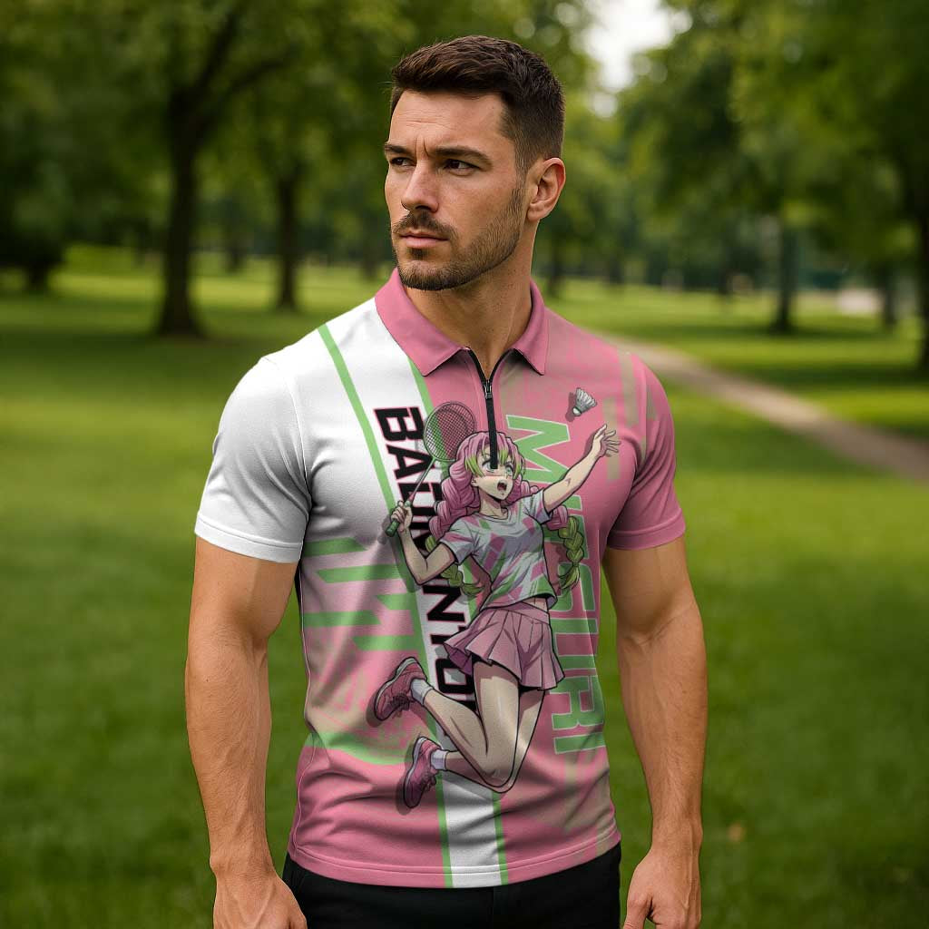 Personalized Mitsuri Kanroji Demon Slayer Badminton Zipper Polo Shirt with Racket Action Pose and Pink Green Graphic Design - The Mazicc