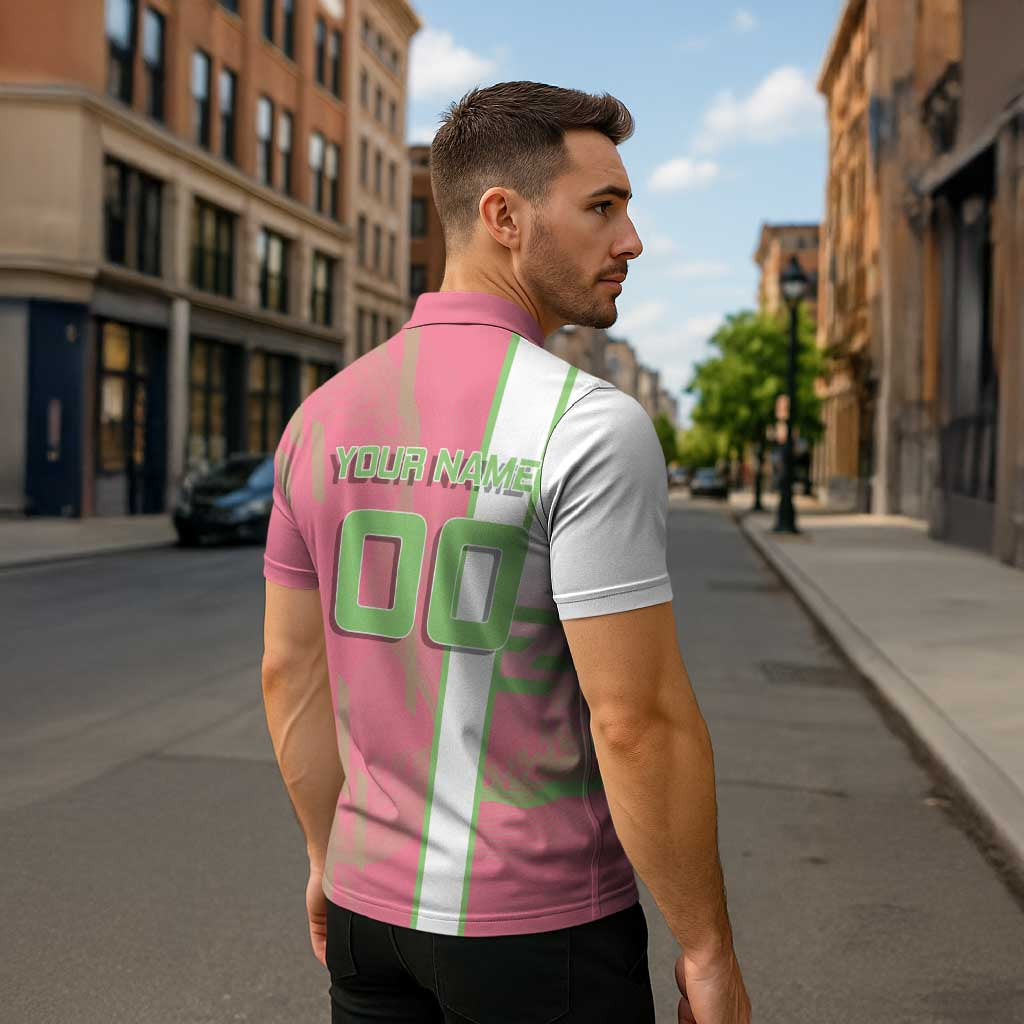 Personalized Mitsuri Kanroji Demon Slayer Badminton Zipper Polo Shirt with Racket Action Pose and Pink Green Graphic Design - The Mazicc