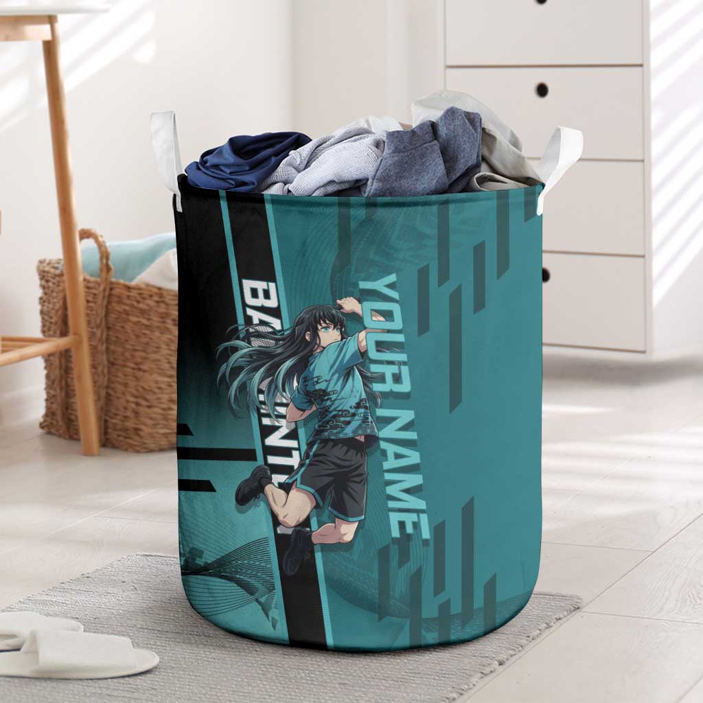 Personalized Tokito Muichiro Demon Slayer Badminton Laundry Basket with Racket Action Pose and Teal Black Graphic Design - The Mazicc