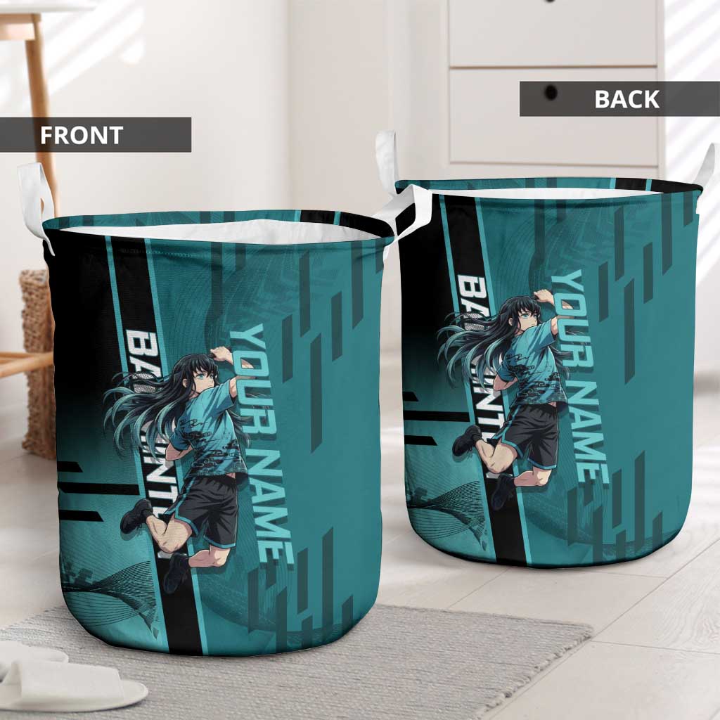 Personalized Tokito Muichiro Demon Slayer Badminton Laundry Basket with Racket Action Pose and Teal Black Graphic Design - The Mazicc