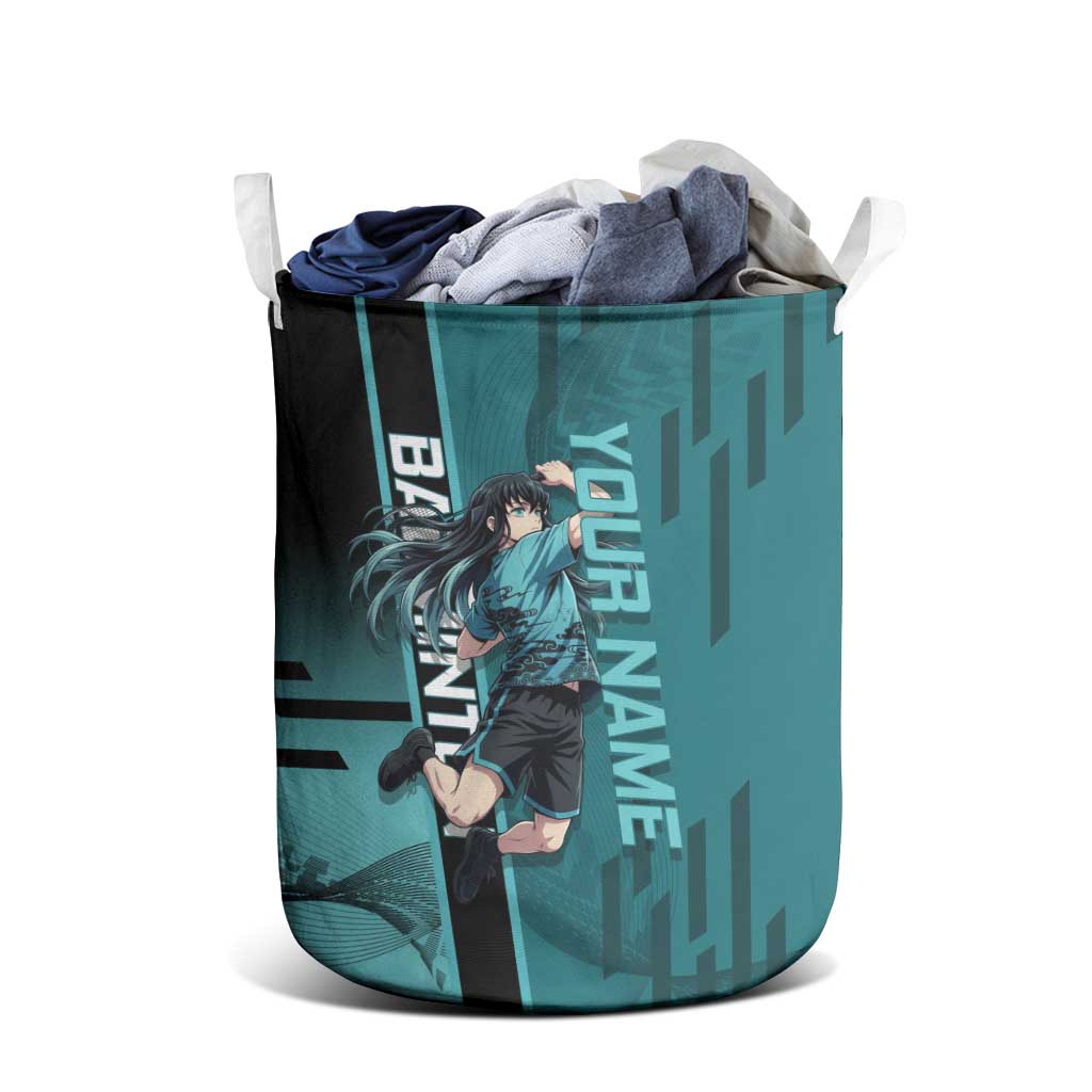 Personalized Tokito Muichiro Demon Slayer Badminton Laundry Basket with Racket Action Pose and Teal Black Graphic Design - The Mazicc