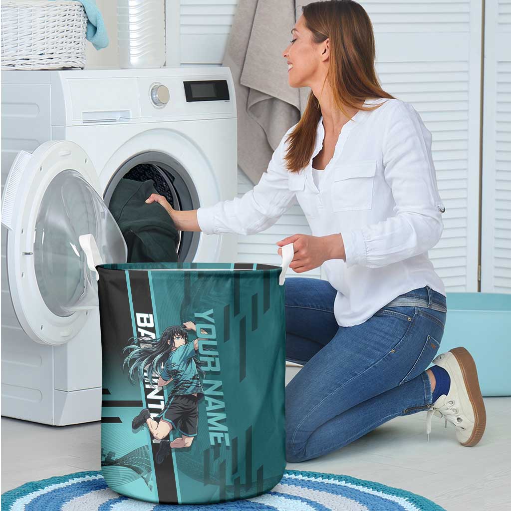 Personalized Tokito Muichiro Demon Slayer Badminton Laundry Basket with Racket Action Pose and Teal Black Graphic Design - The Mazicc