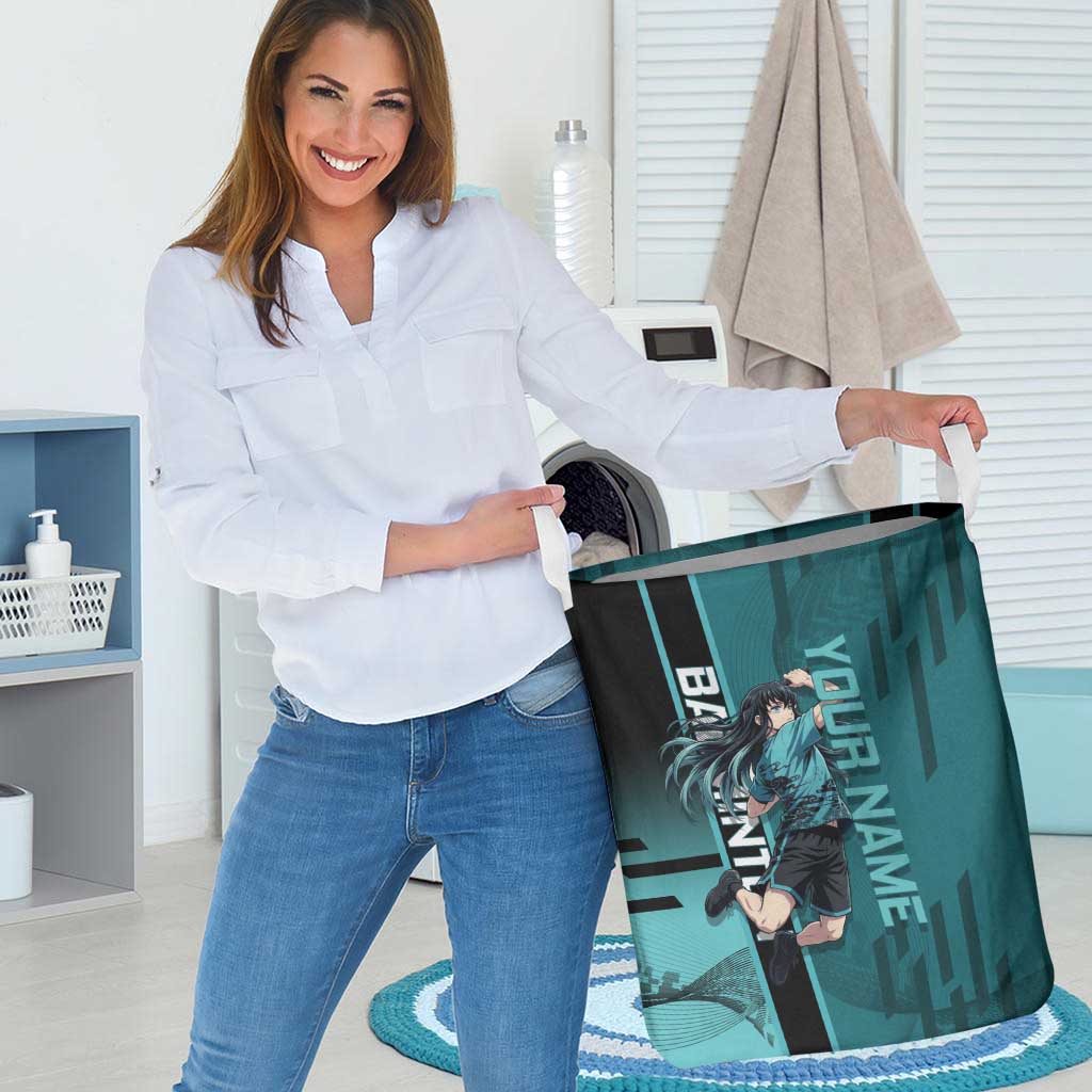 Personalized Tokito Muichiro Demon Slayer Badminton Laundry Basket with Racket Action Pose and Teal Black Graphic Design - The Mazicc