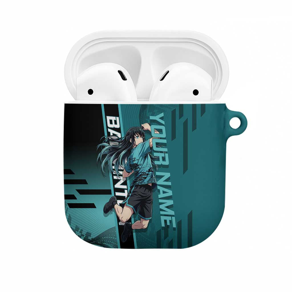 Personalized Tokito Muichiro Demon Slayer Badminton AirPods Case with Racket Action Pose and Teal Black Graphic Design - The Mazicc