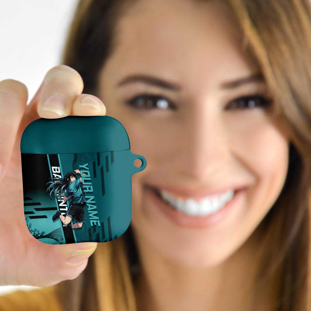 Personalized Tokito Muichiro Demon Slayer Badminton AirPods Case with Racket Action Pose and Teal Black Graphic Design - The Mazicc