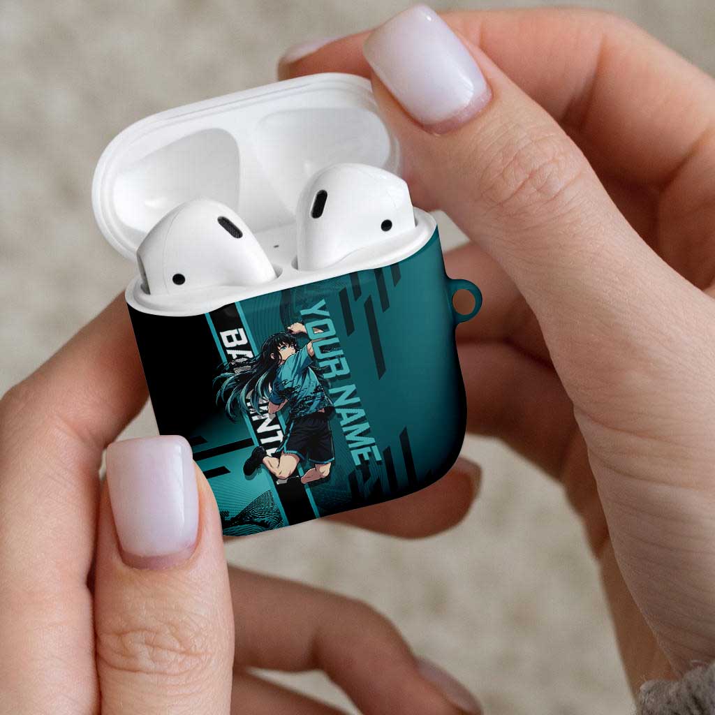 Personalized Tokito Muichiro Demon Slayer Badminton AirPods Case with Racket Action Pose and Teal Black Graphic Design - The Mazicc