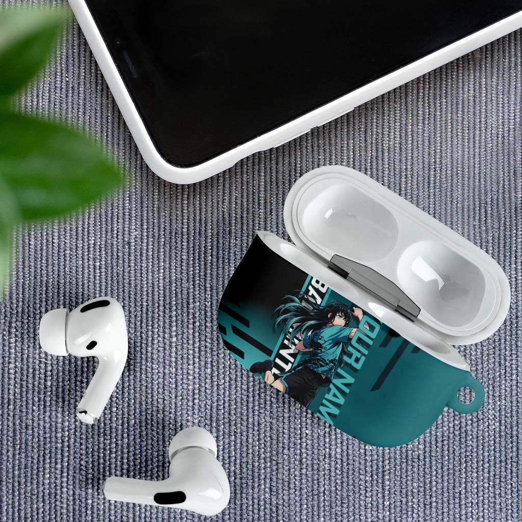 Personalized Tokito Muichiro Demon Slayer Badminton AirPods Case with Racket Action Pose and Teal Black Graphic Design - The Mazicc