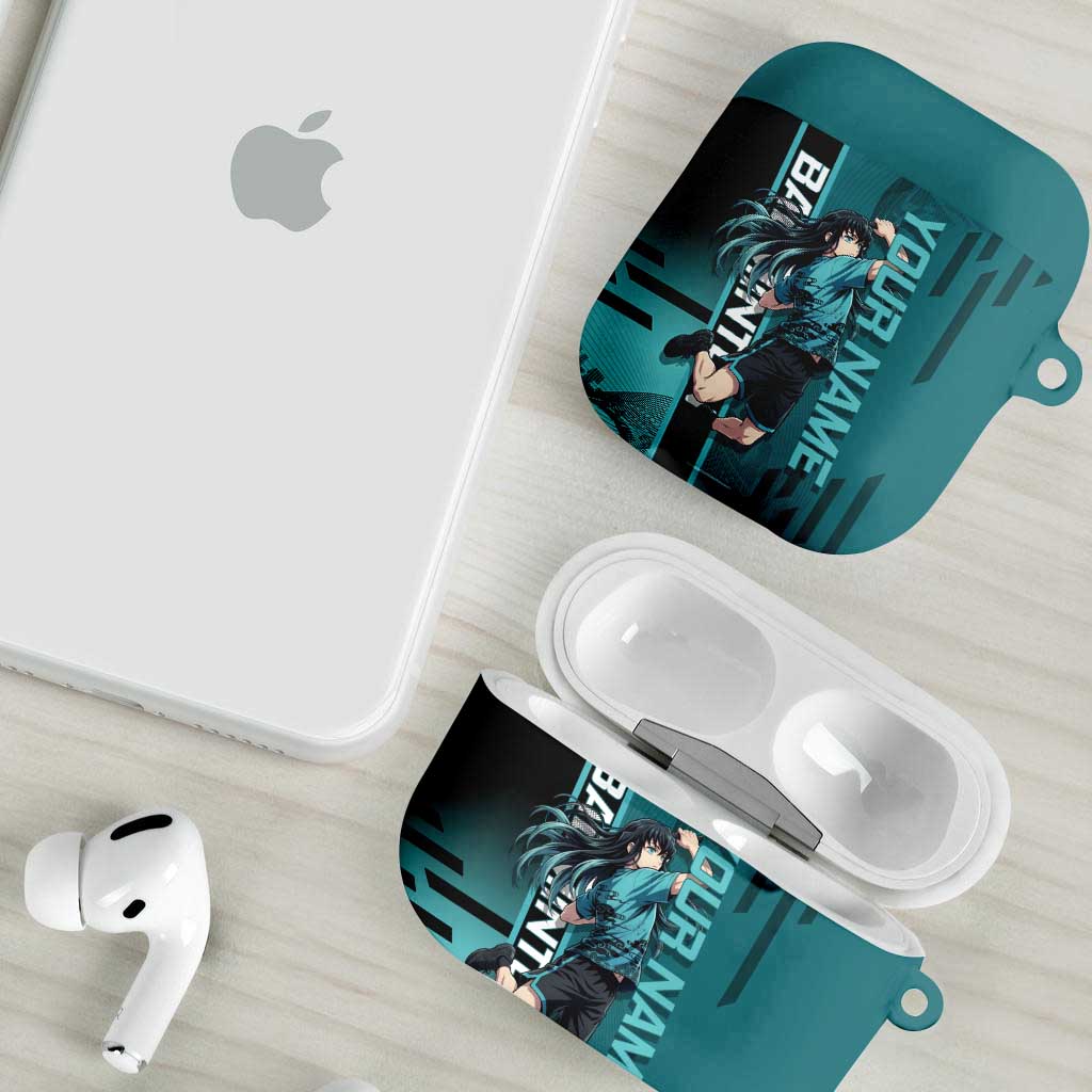 Personalized Tokito Muichiro Demon Slayer Badminton AirPods Case with Racket Action Pose and Teal Black Graphic Design - The Mazicc