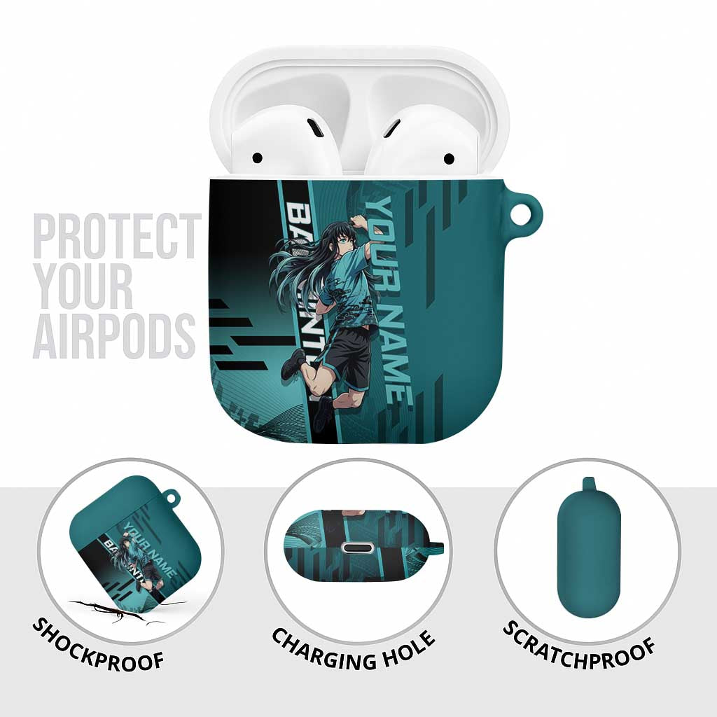 Personalized Tokito Muichiro Demon Slayer Badminton AirPods Case with Racket Action Pose and Teal Black Graphic Design - The Mazicc