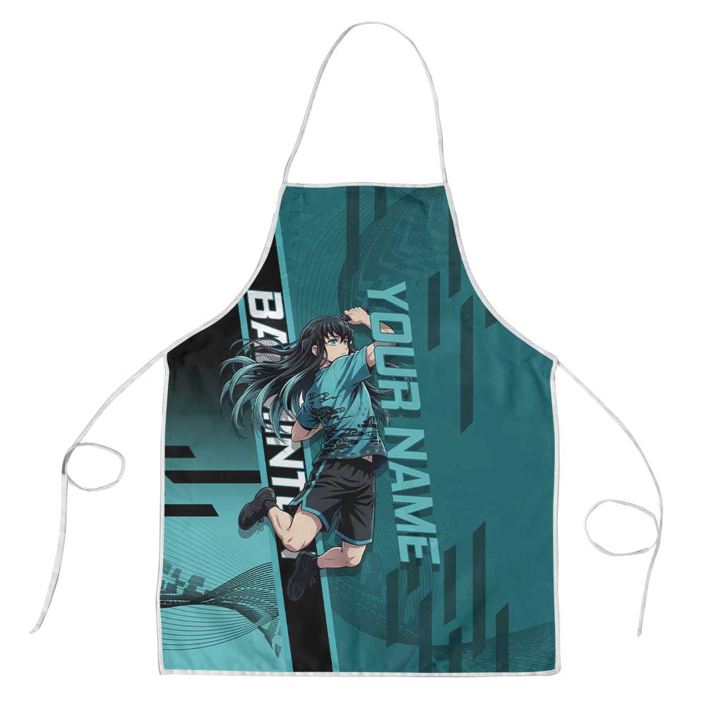 Personalized Tokito Muichiro Demon Slayer Badminton Apron with Racket Action Pose and Teal Black Graphic Design - The Mazicc