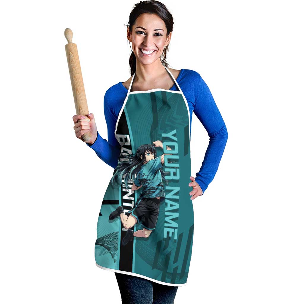 Personalized Tokito Muichiro Demon Slayer Badminton Apron with Racket Action Pose and Teal Black Graphic Design - The Mazicc