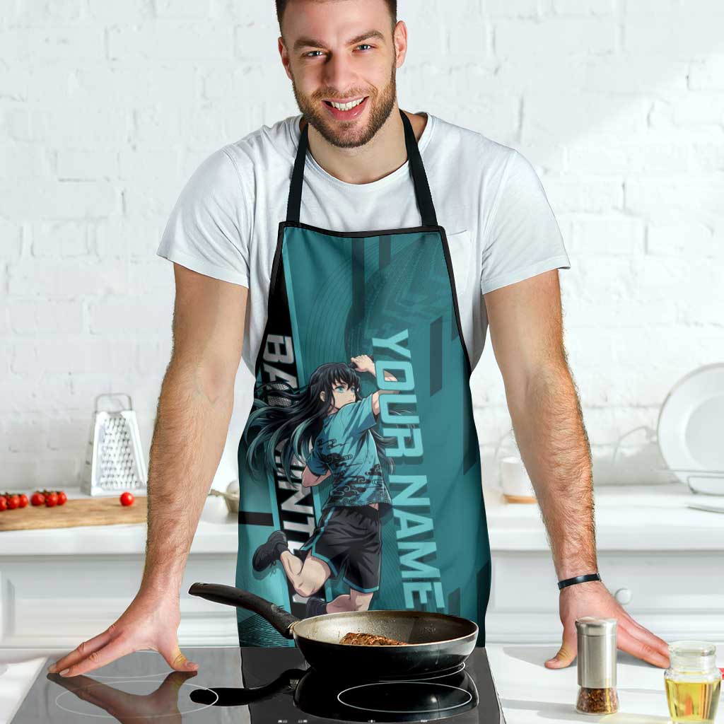 Personalized Tokito Muichiro Demon Slayer Badminton Apron with Racket Action Pose and Teal Black Graphic Design - The Mazicc