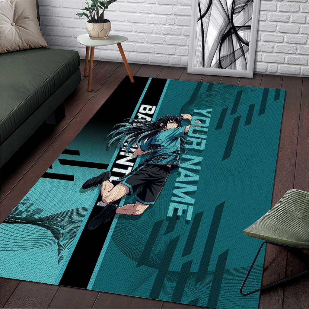 Personalized Tokito Muichiro Demon Slayer Badminton Area Rug with Racket Action Pose and Teal Black Graphic Design - The Mazicc