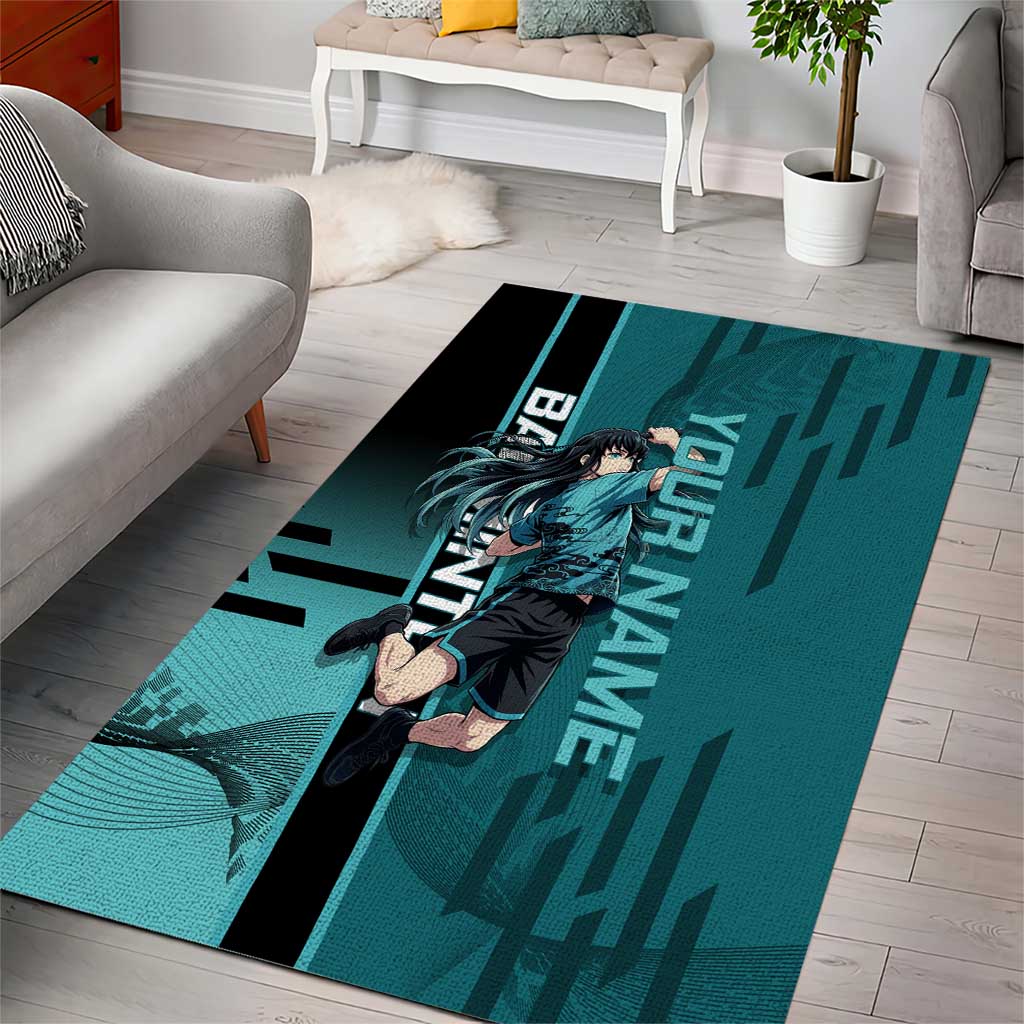 Personalized Tokito Muichiro Demon Slayer Badminton Area Rug with Racket Action Pose and Teal Black Graphic Design - The Mazicc