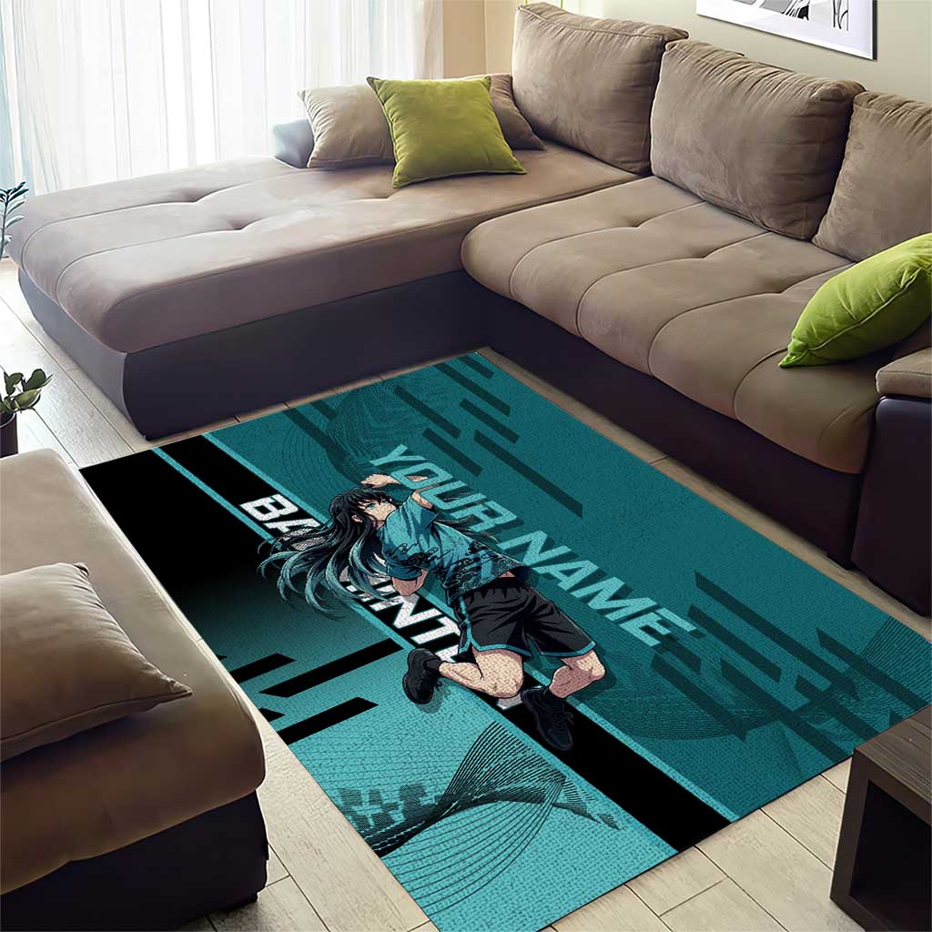 Personalized Tokito Muichiro Demon Slayer Badminton Area Rug with Racket Action Pose and Teal Black Graphic Design - The Mazicc