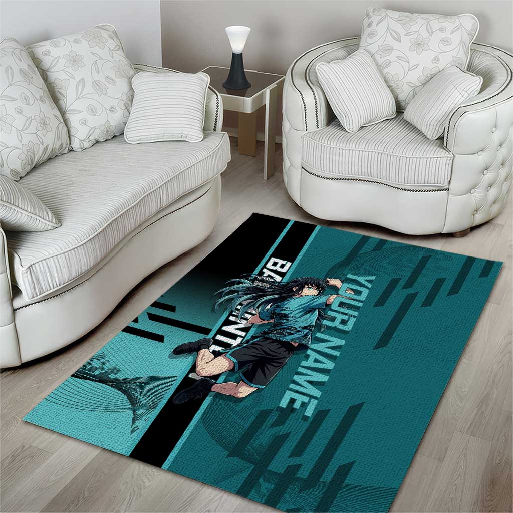 Personalized Tokito Muichiro Demon Slayer Badminton Area Rug with Racket Action Pose and Teal Black Graphic Design - The Mazicc