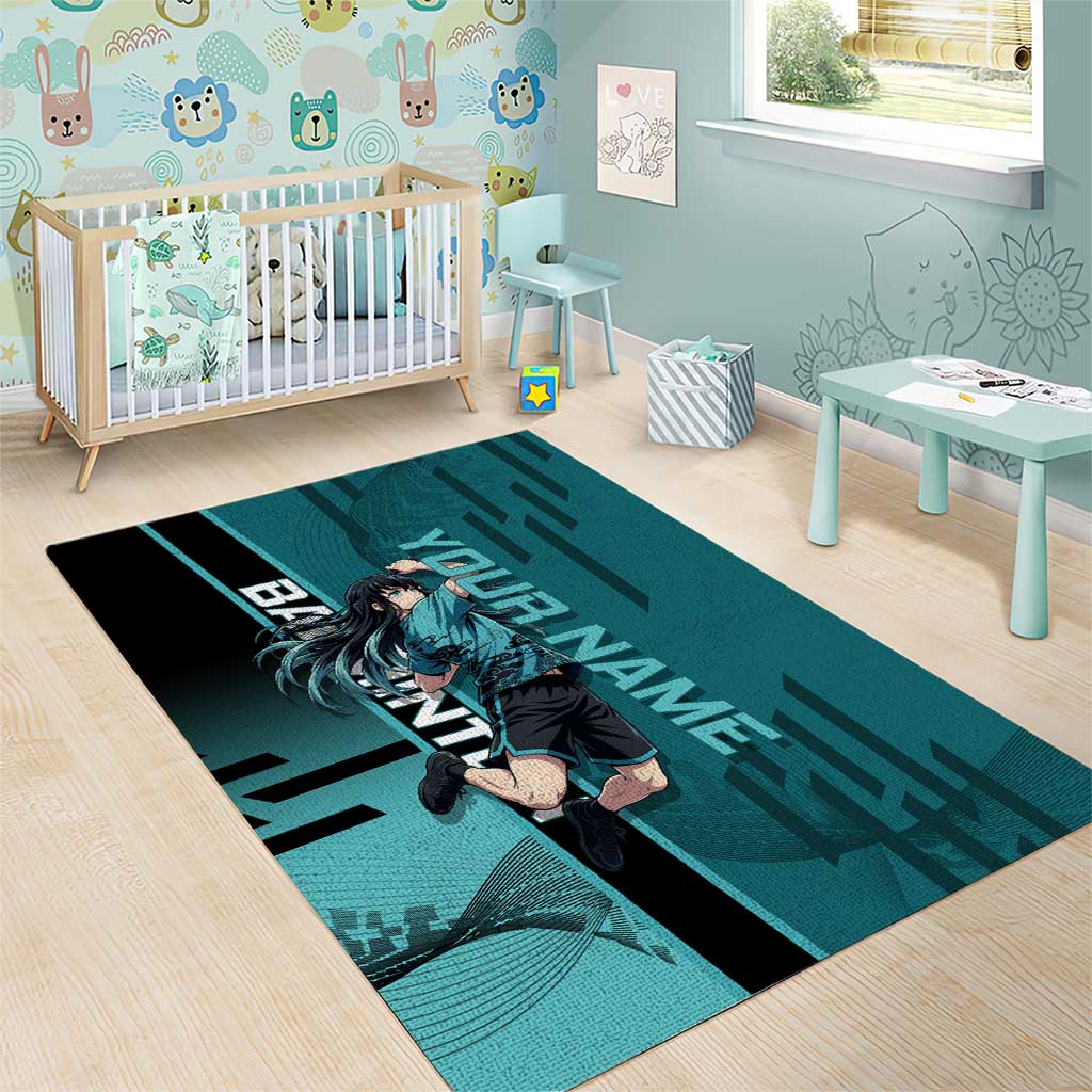 Personalized Tokito Muichiro Demon Slayer Badminton Area Rug with Racket Action Pose and Teal Black Graphic Design - The Mazicc