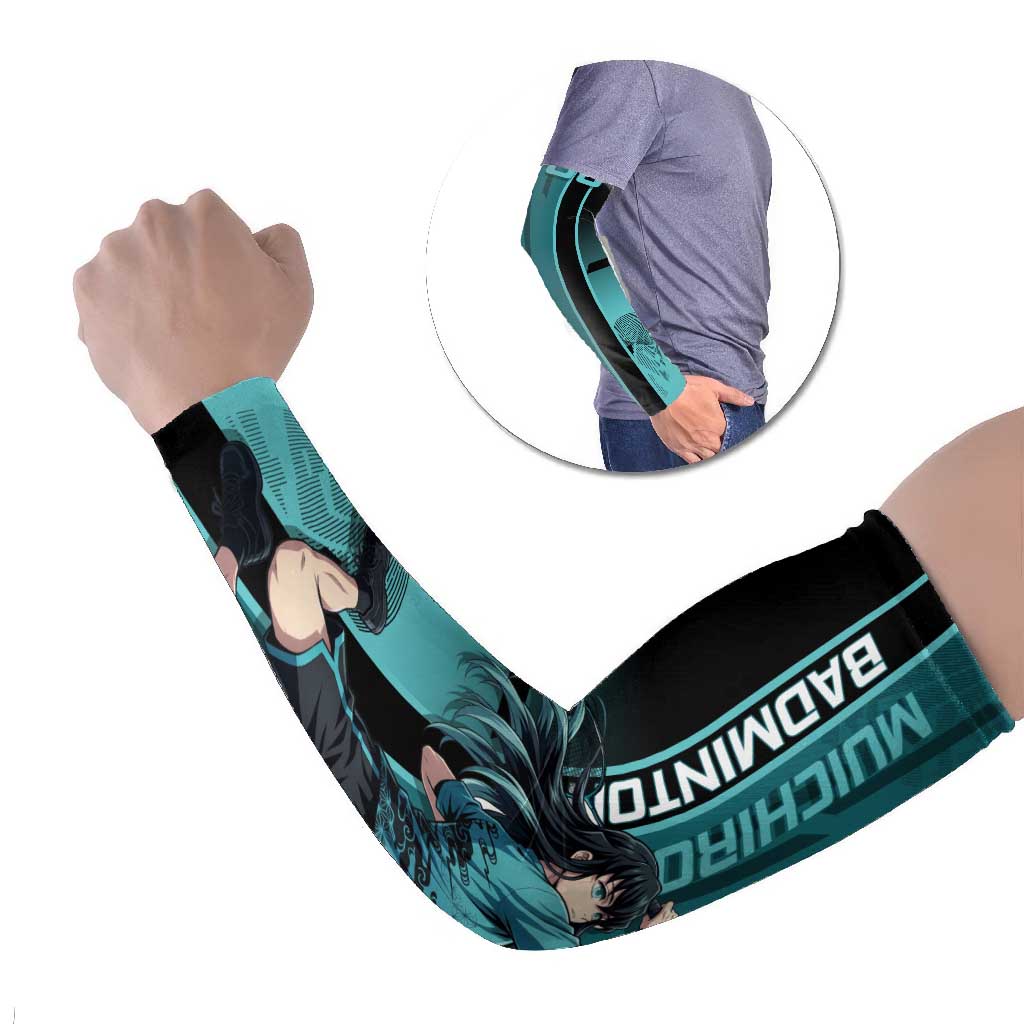 Personalized Tokito Muichiro Demon Slayer Badminton Arm Sleeves with Racket Action Pose and Teal Black Graphic Design - The Mazicc