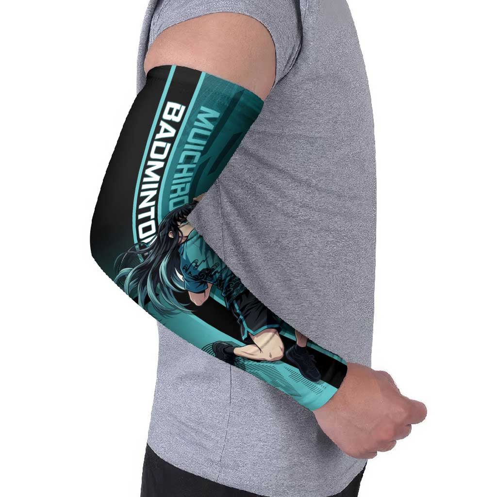 Personalized Tokito Muichiro Demon Slayer Badminton Arm Sleeves with Racket Action Pose and Teal Black Graphic Design - The Mazicc