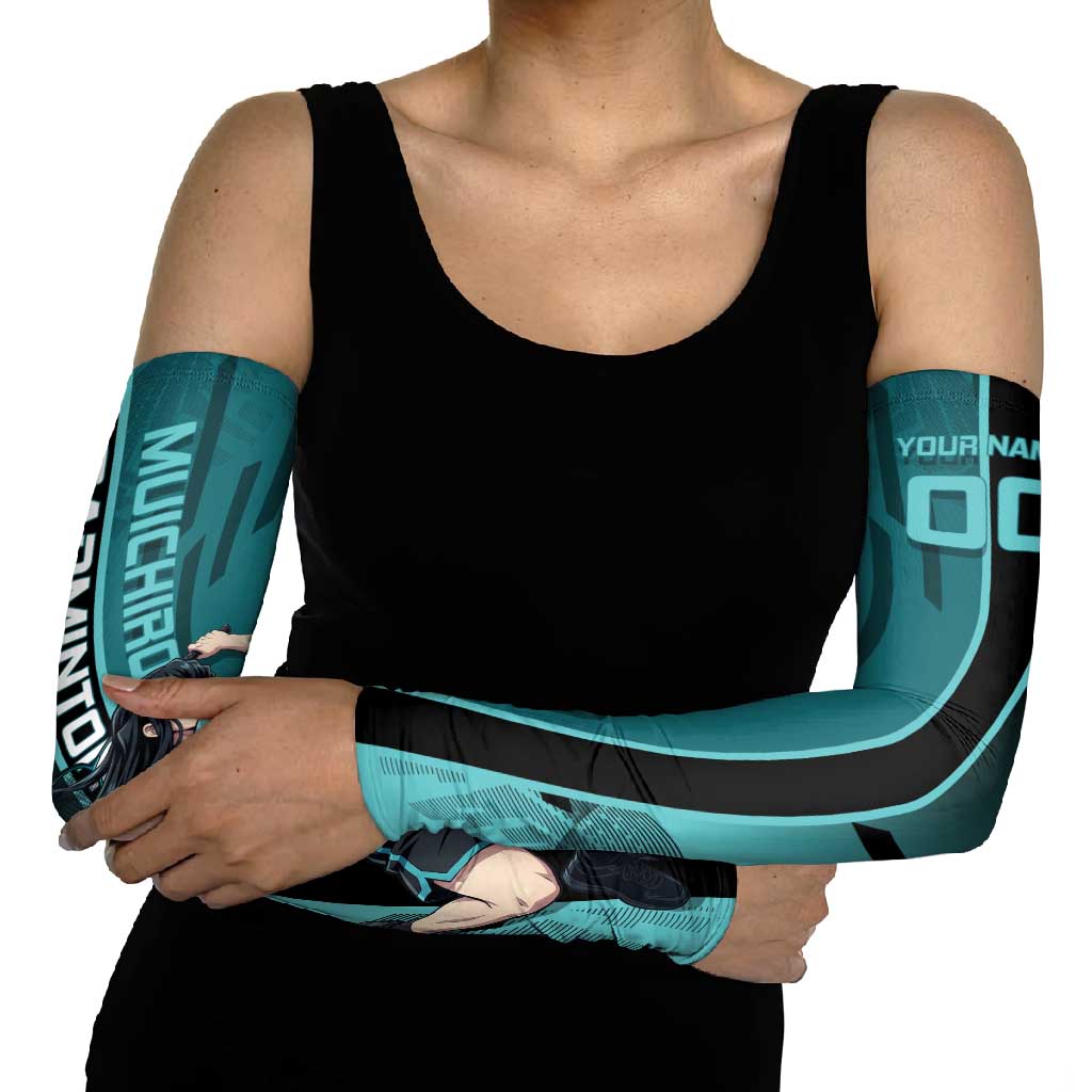 Personalized Tokito Muichiro Demon Slayer Badminton Arm Sleeves with Racket Action Pose and Teal Black Graphic Design - The Mazicc