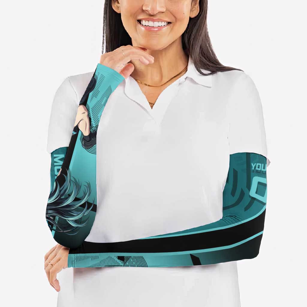 Personalized Tokito Muichiro Demon Slayer Badminton Arm Sleeves with Racket Action Pose and Teal Black Graphic Design - The Mazicc