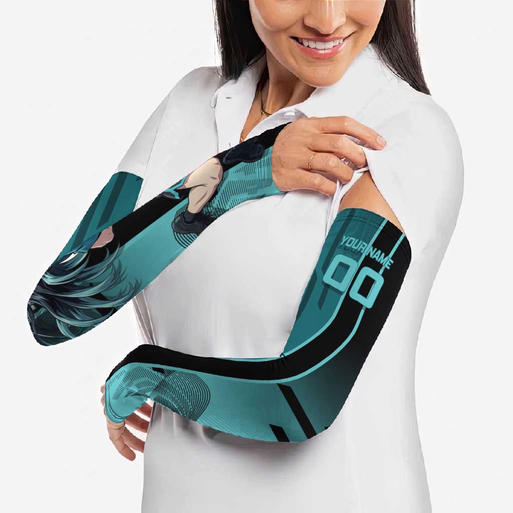 Personalized Tokito Muichiro Demon Slayer Badminton Arm Sleeves with Racket Action Pose and Teal Black Graphic Design - The Mazicc