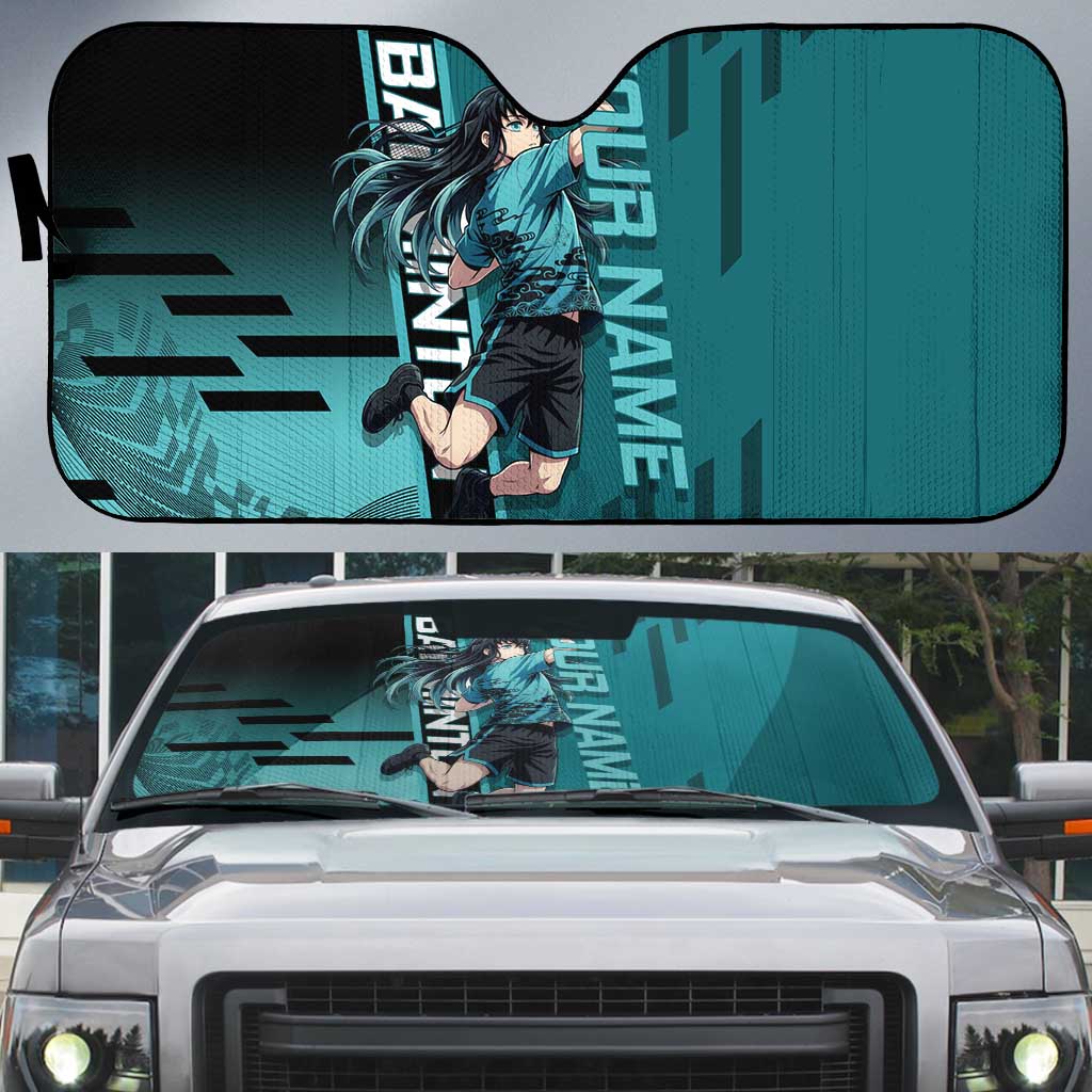 Personalized Tokito Muichiro Demon Slayer Badminton Auto Sun Shade with Racket Action Pose and Teal Black Graphic Design - The Mazicc
