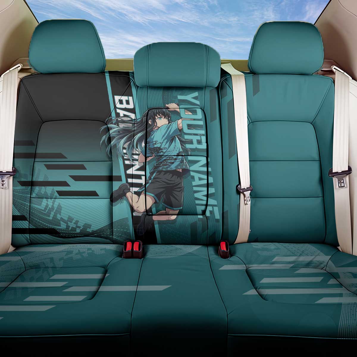 Personalized Tokito Muichiro Demon Slayer Badminton Back Car Seat Cover with Racket Action Pose and Teal Black Graphic Design - The Mazicc