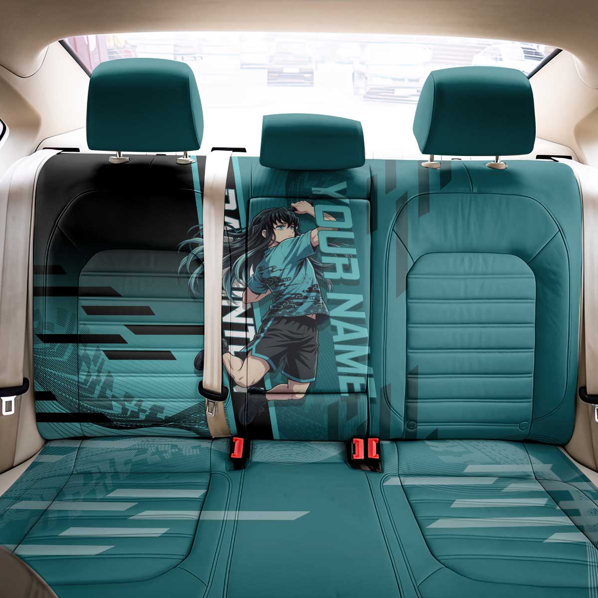 Personalized Tokito Muichiro Demon Slayer Badminton Back Car Seat Cover with Racket Action Pose and Teal Black Graphic Design - The Mazicc