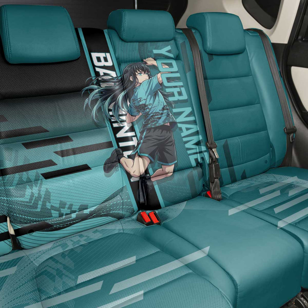 Personalized Tokito Muichiro Demon Slayer Badminton Back Car Seat Cover with Racket Action Pose and Teal Black Graphic Design - The Mazicc