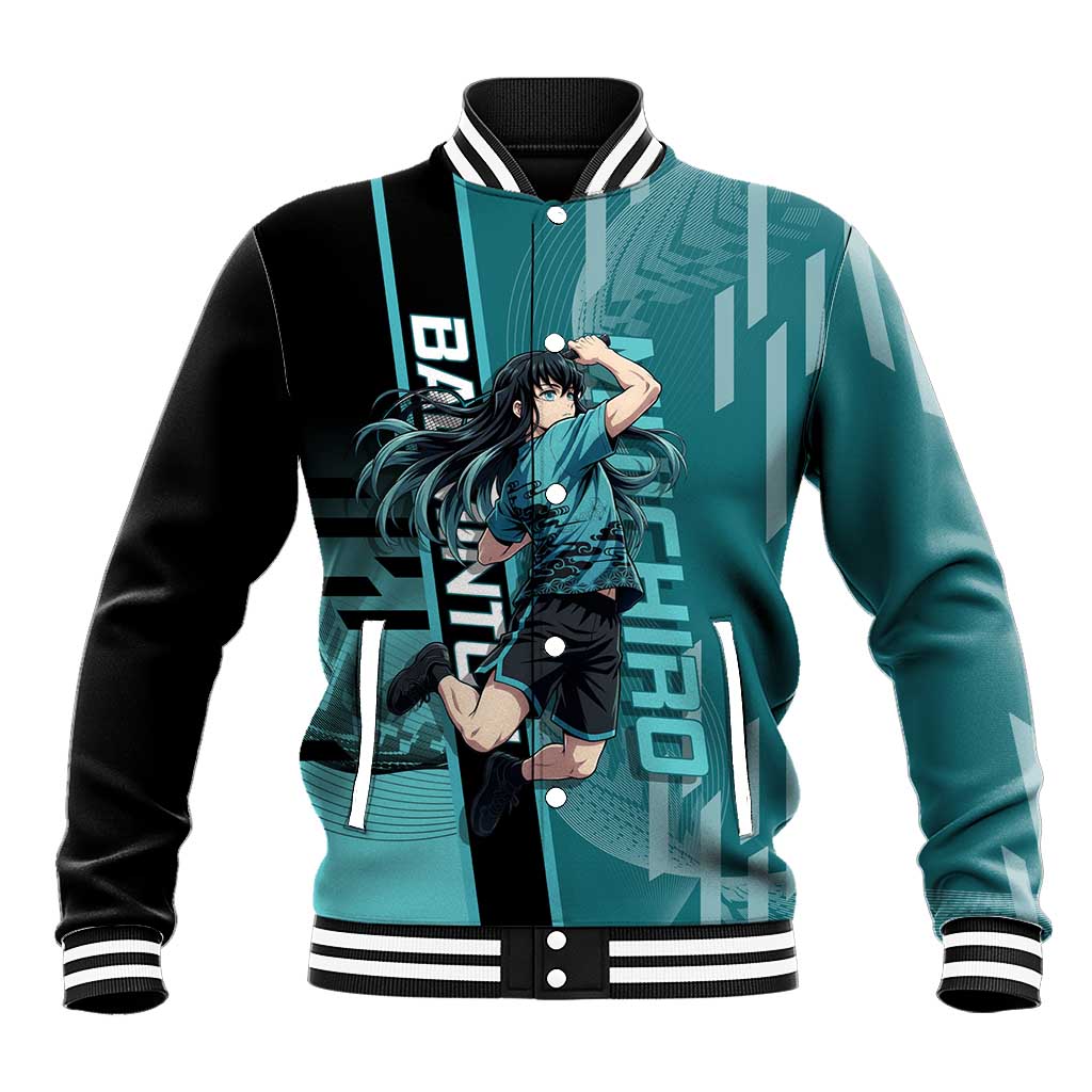 Personalized Tokito Muichiro Demon Slayer Badminton Baseball Jacket with Racket Action Pose and Teal Black Graphic Design - The Mazicc