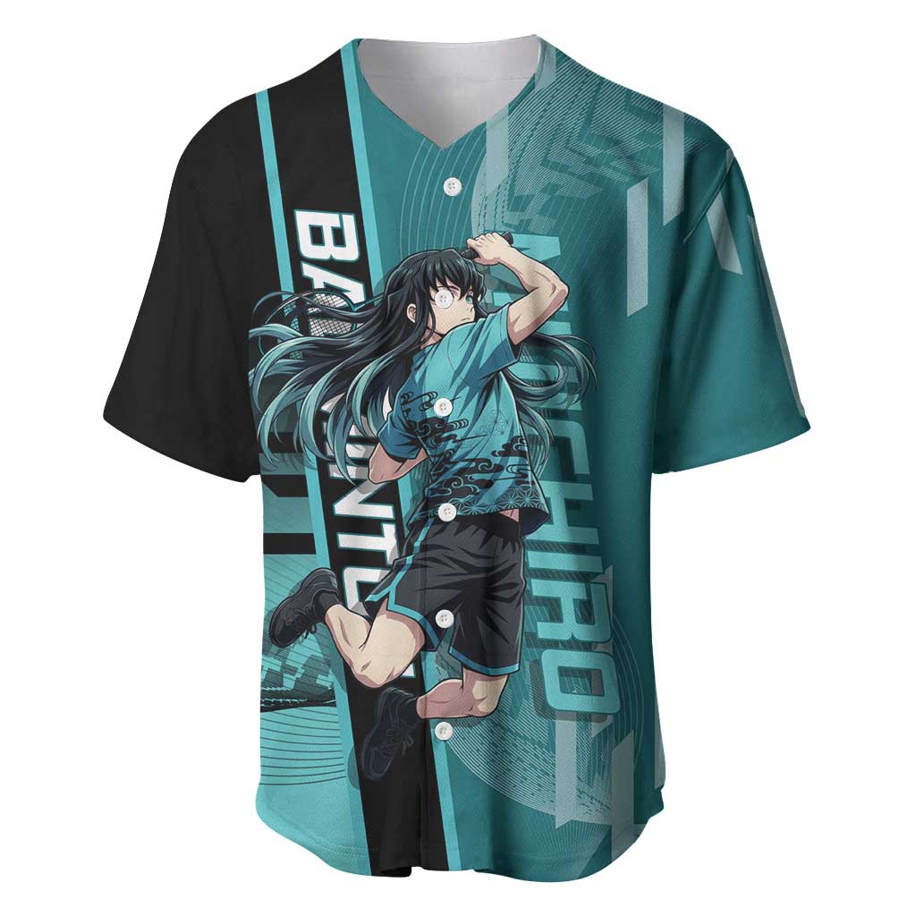 Personalized Tokito Muichiro Demon Slayer Badminton Baseball Jersey with Racket Action Pose and Teal Black Graphic Design - The Mazicc