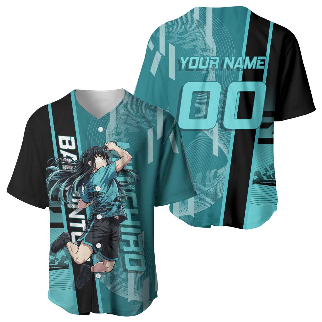 Personalized Tokito Muichiro Demon Slayer Badminton Baseball Jersey with Racket Action Pose and Teal Black Graphic Design - The Mazicc