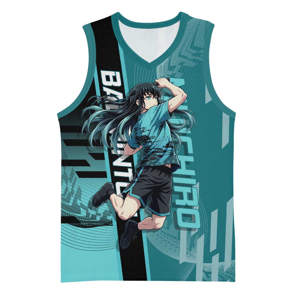 Personalized Tokito Muichiro Demon Slayer Badminton Basketball Jersey with Racket Action Pose and Teal Black Graphic Design - The Mazicc