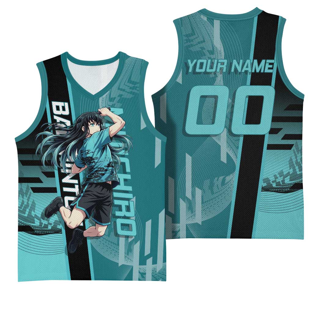 Personalized Tokito Muichiro Demon Slayer Badminton Basketball Jersey with Racket Action Pose and Teal Black Graphic Design - The Mazicc