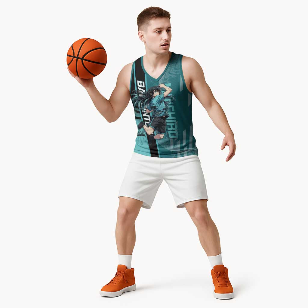 Personalized Tokito Muichiro Demon Slayer Badminton Basketball Jersey with Racket Action Pose and Teal Black Graphic Design - The Mazicc