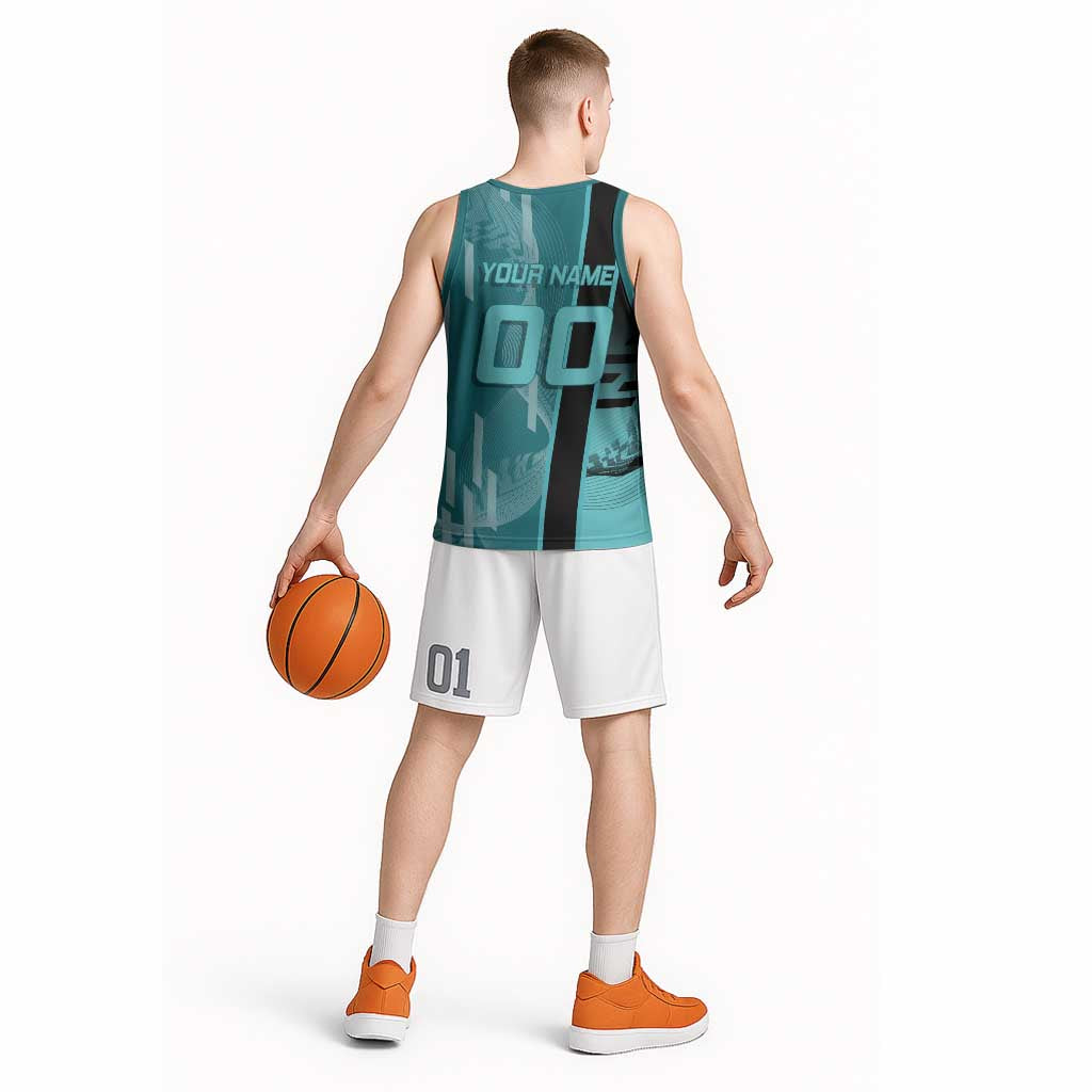 Personalized Tokito Muichiro Demon Slayer Badminton Basketball Jersey with Racket Action Pose and Teal Black Graphic Design - The Mazicc