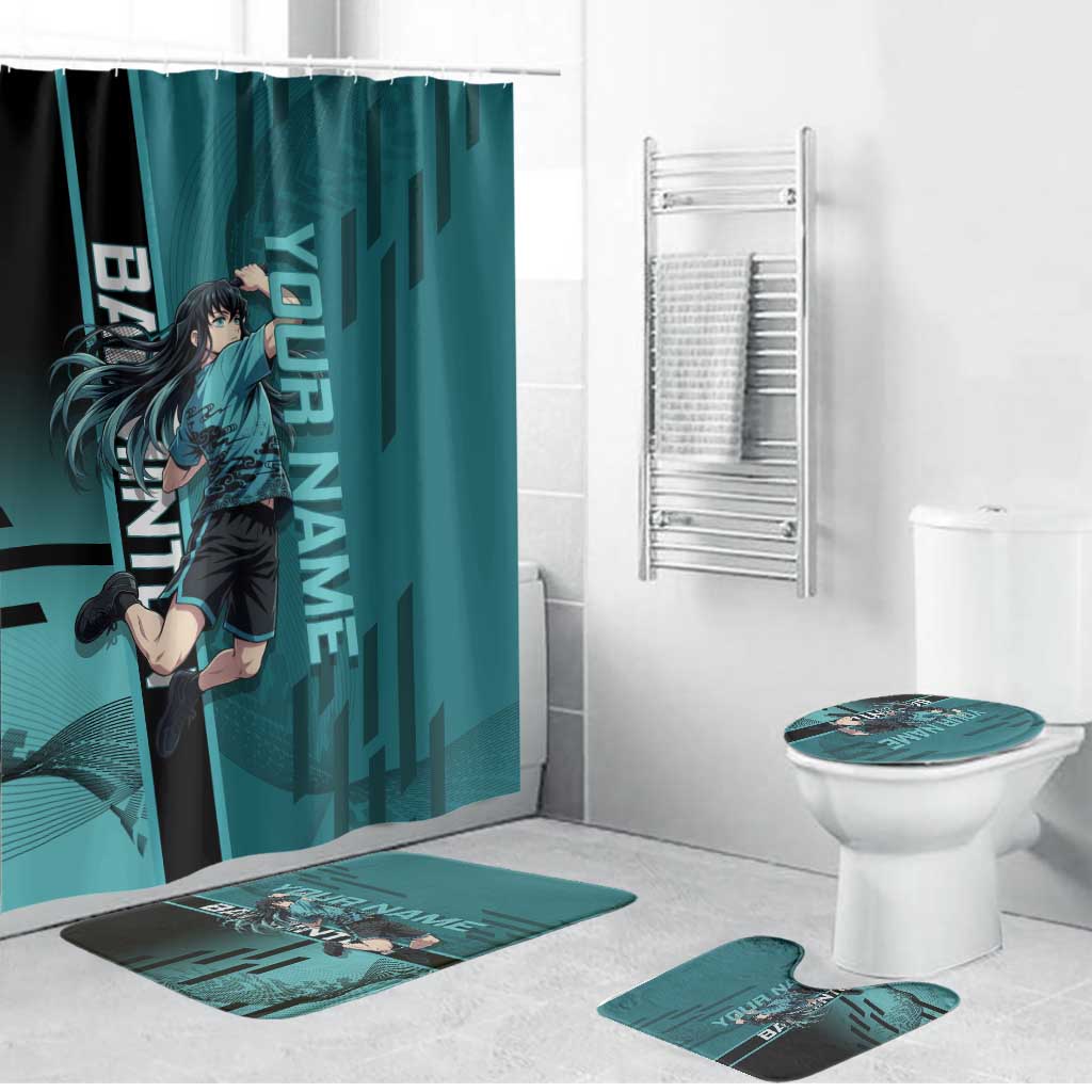 Personalized Tokito Muichiro Demon Slayer Badminton Bathroom Set with Racket Action Pose and Teal Black Graphic Design - The Mazicc