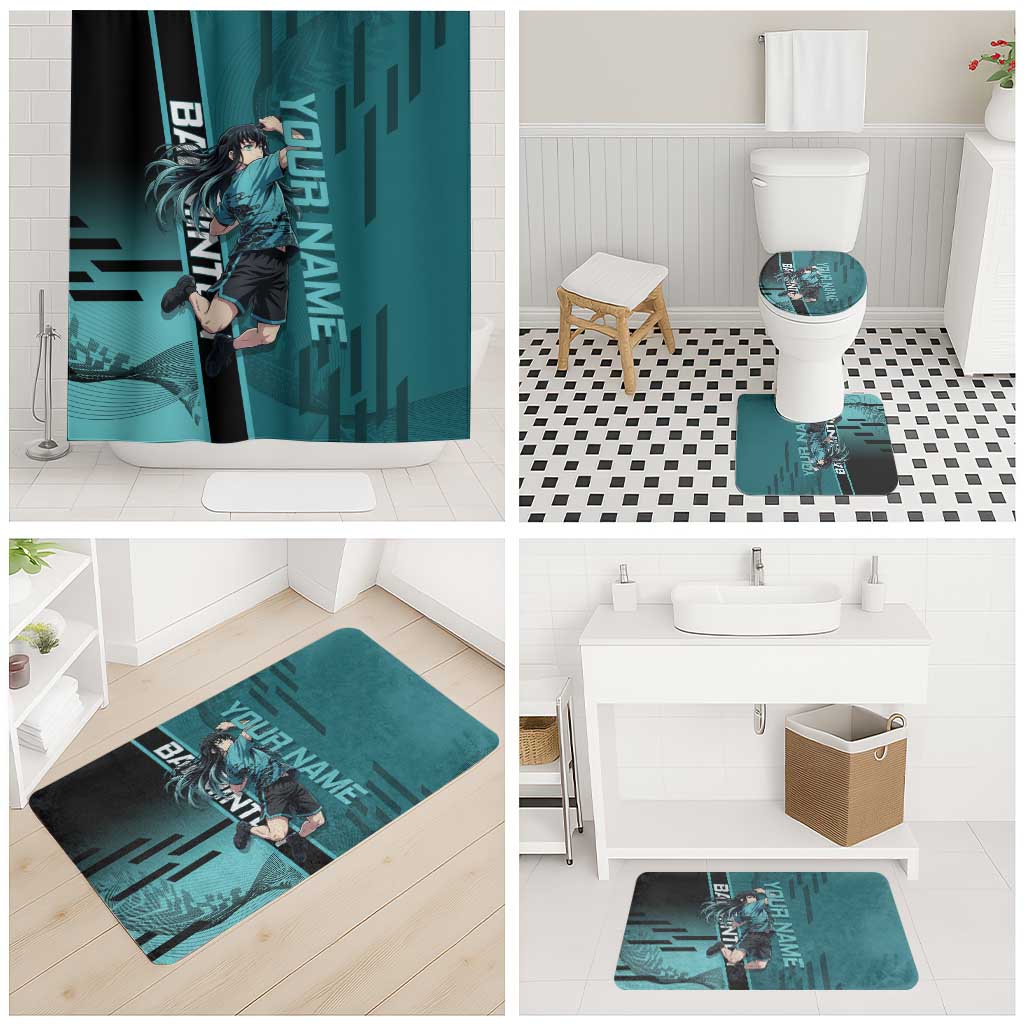 Personalized Tokito Muichiro Demon Slayer Badminton Bathroom Set with Racket Action Pose and Teal Black Graphic Design - The Mazicc