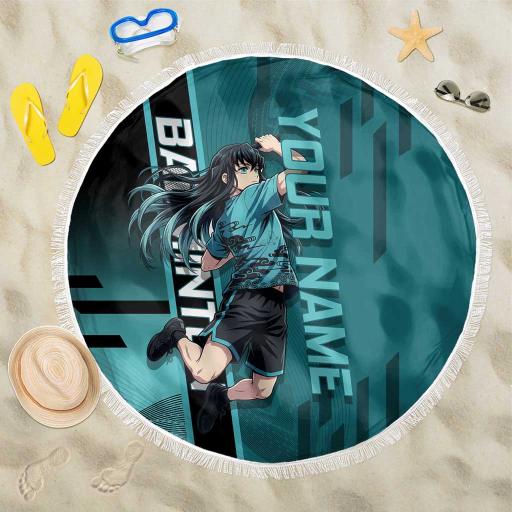 Personalized Tokito Muichiro Demon Slayer Badminton Beach Blanket with Racket Action Pose and Teal Black Graphic Design - The Mazicc