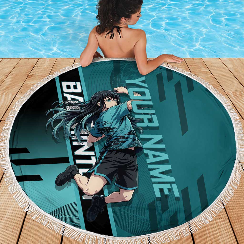 Personalized Tokito Muichiro Demon Slayer Badminton Beach Blanket with Racket Action Pose and Teal Black Graphic Design - The Mazicc