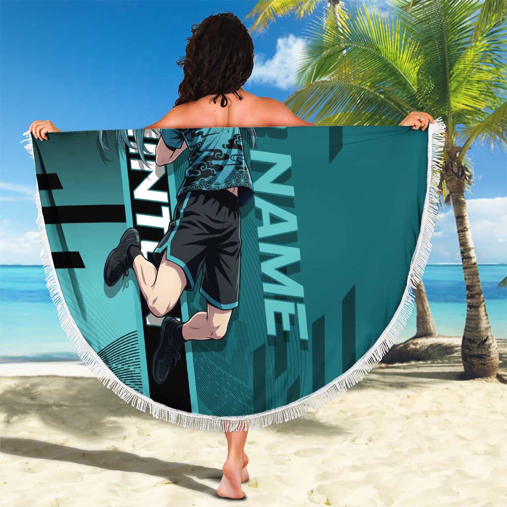 Personalized Tokito Muichiro Demon Slayer Badminton Beach Blanket with Racket Action Pose and Teal Black Graphic Design - The Mazicc